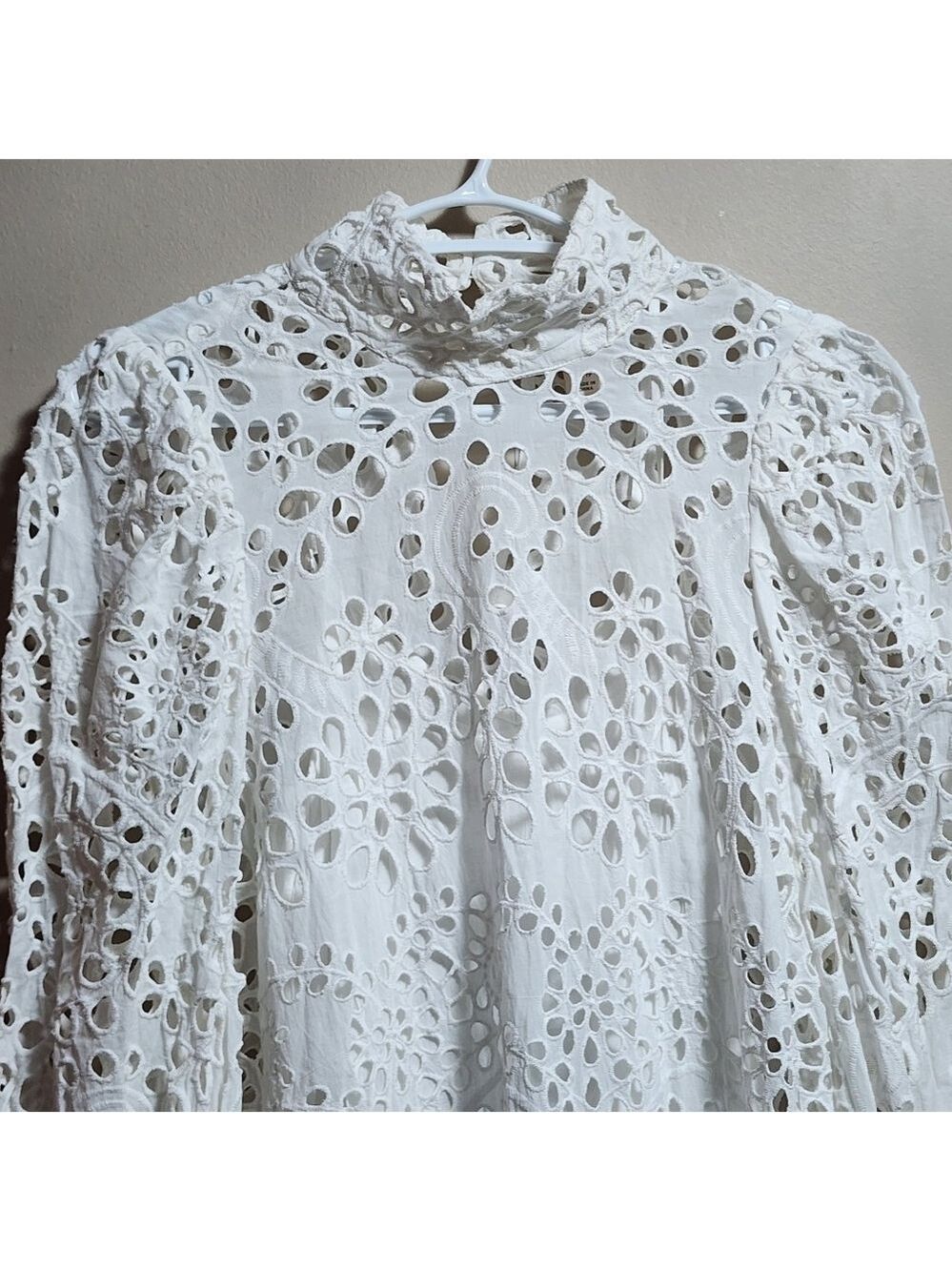 H&M eyelet embroidery puff long sleeves midi dress color white size XS - Picture 3 of 10